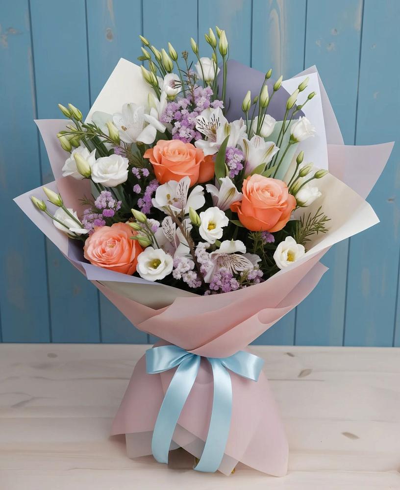 Букет цветов из: Лизиантусы, Розы, Альстромерии и Гипсофила в Большовской